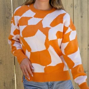 Vibrant Orange and White Crew Neck Sweater